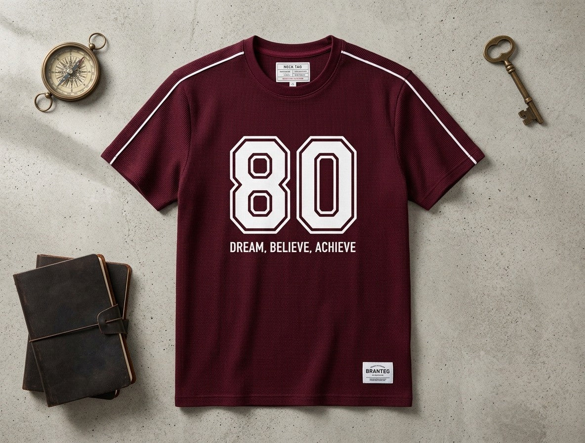 Men's Oversized Varsity Number '80' Red T-Shirt - 'Dream, Believe, Achieve | Elite Garments