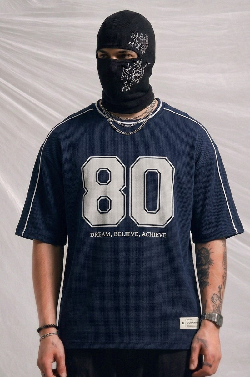 Men's Oversized Varsity Number '80' Blue T-Shirt - 'Dream, Believe, Achieve | Elite Garments