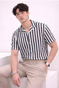 Men's Black & White Vertical Striped Short-Sleeve Resort Shirt | Elite Garments