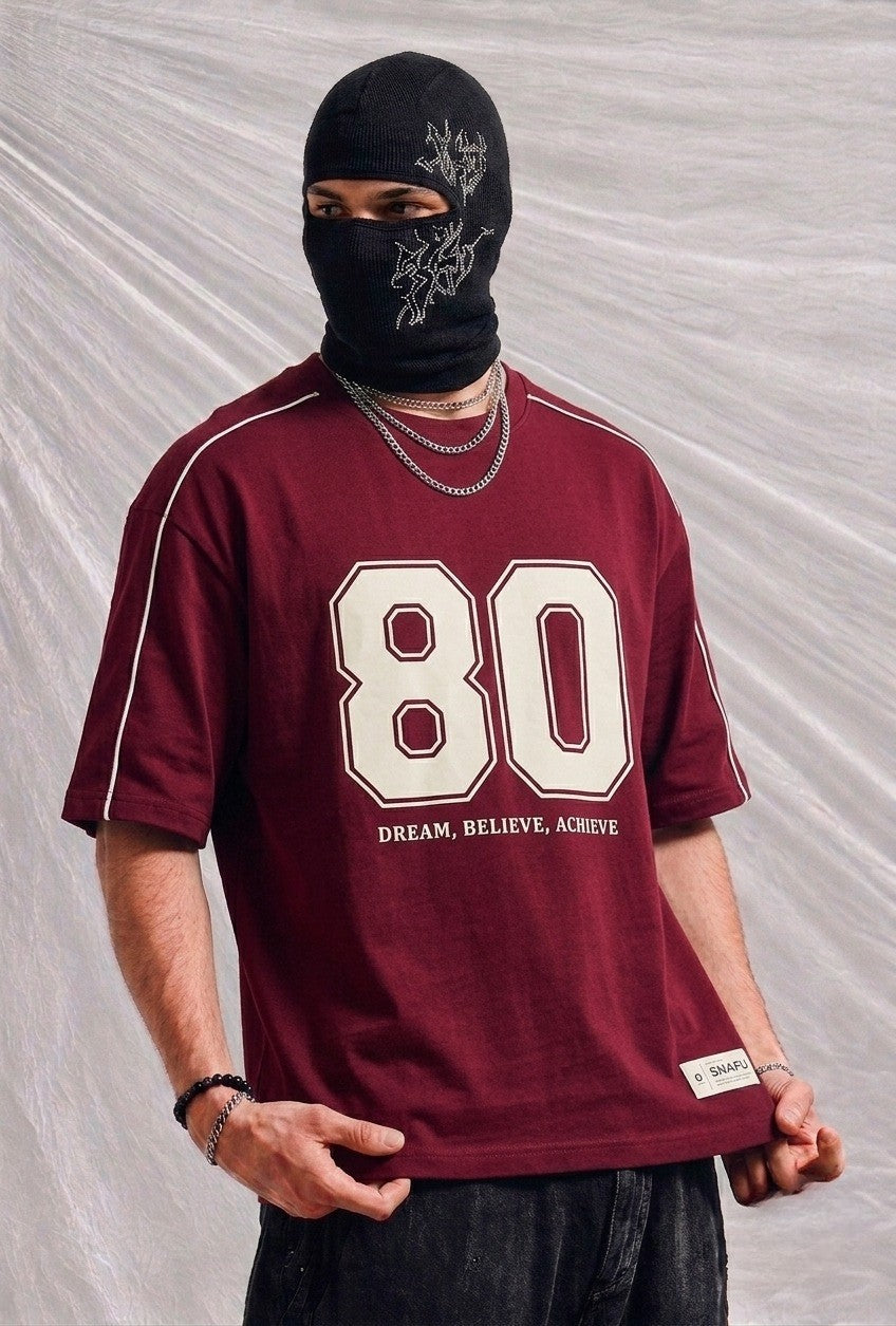 Men's Oversized Varsity Number '80' Red T-Shirt - 'Dream, Believe, Achieve | Elite Garments