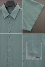 Men's Short-Sleeve Button-Up Shirt in Sage Green with Patterned Pocket & Layered Trim | Elite Garments