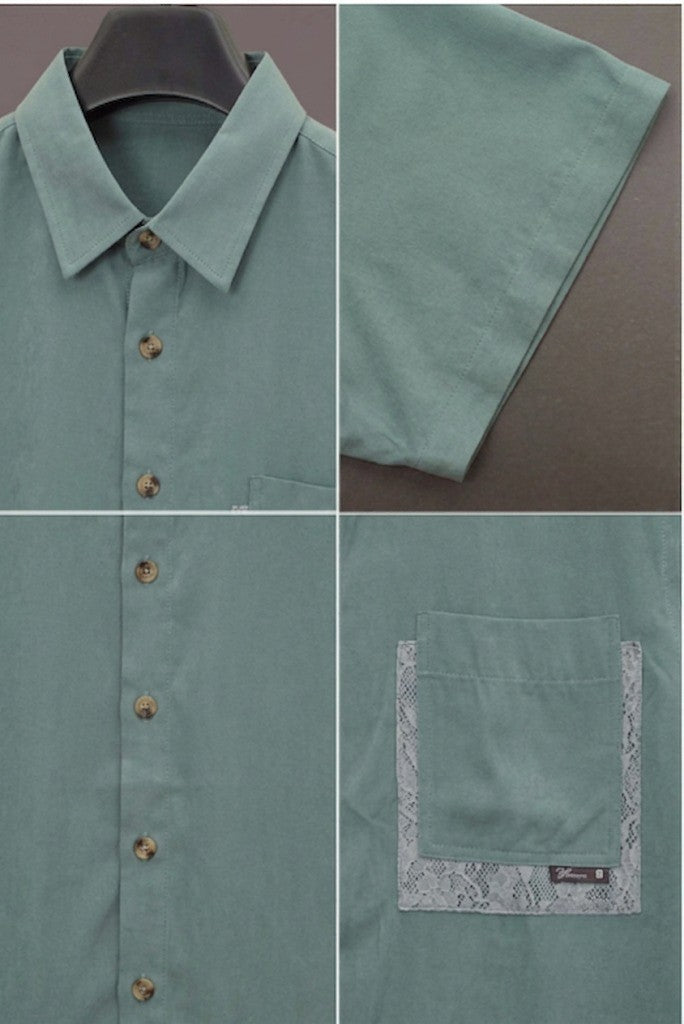 Men's Short-Sleeve Button-Up Shirt in Sage Green with Patterned Pocket & Layered Trim | Elite Garments