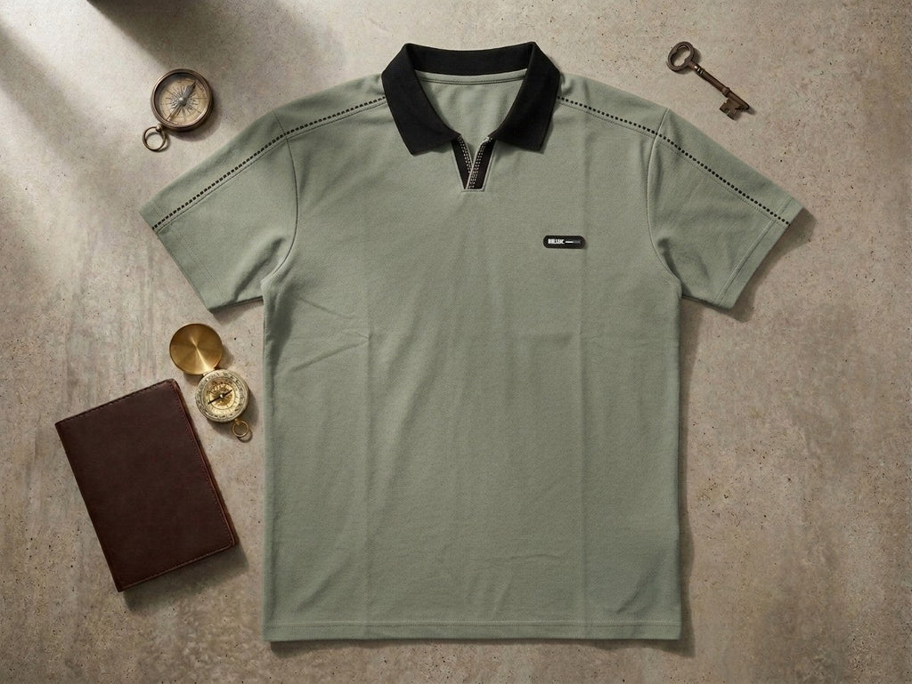 Oversized Olive Polo Shirt with Black Collar & Patch | Elite Garments