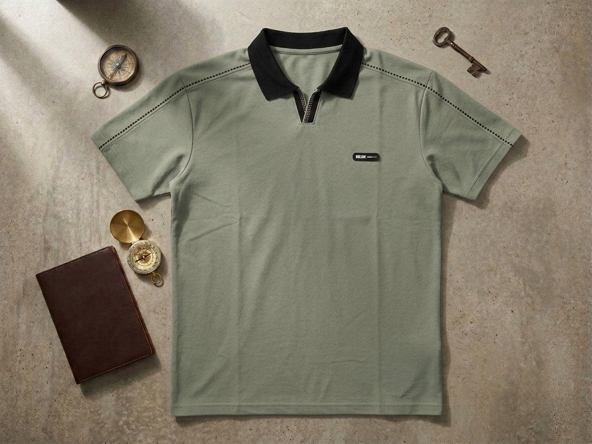 Oversized Olive Polo Shirt with Black Collar & Patch | Elite Garments