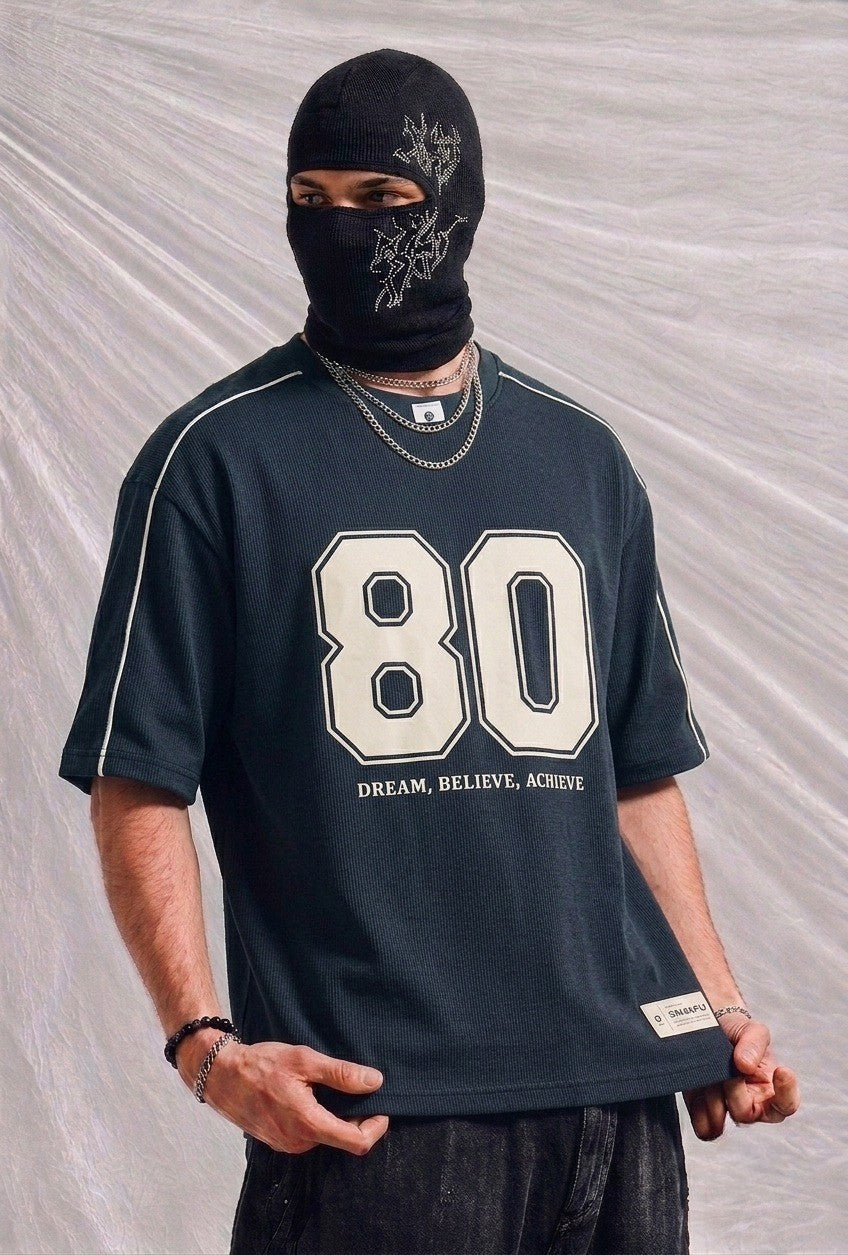 Men's Oversized Varsity Number '80' Dark Blue T-Shirt - 'Dream, Believe, Achieve | Elite Garments