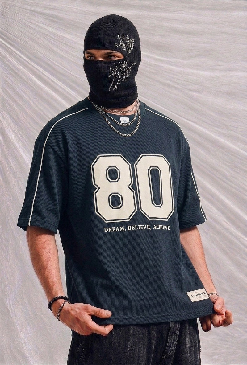 Men's Oversized Varsity Number '80' Dark Blue T-Shirt - 'Dream, Believe, Achieve | Elite Garments
