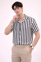 Men's Black & White Vertical Striped Short-Sleeve Resort Shirt | Elite Garments
