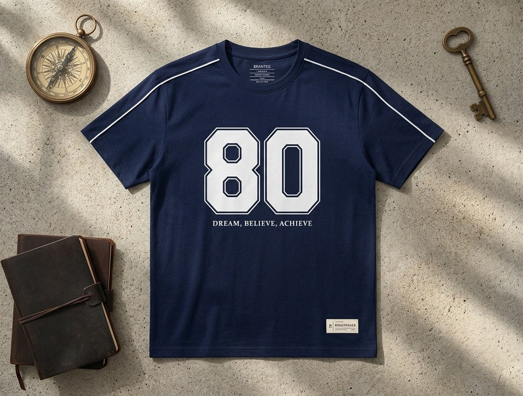 Men's Oversized Varsity Number '80' Blue T-Shirt - 'Dream, Believe, Achieve | Elite Garments