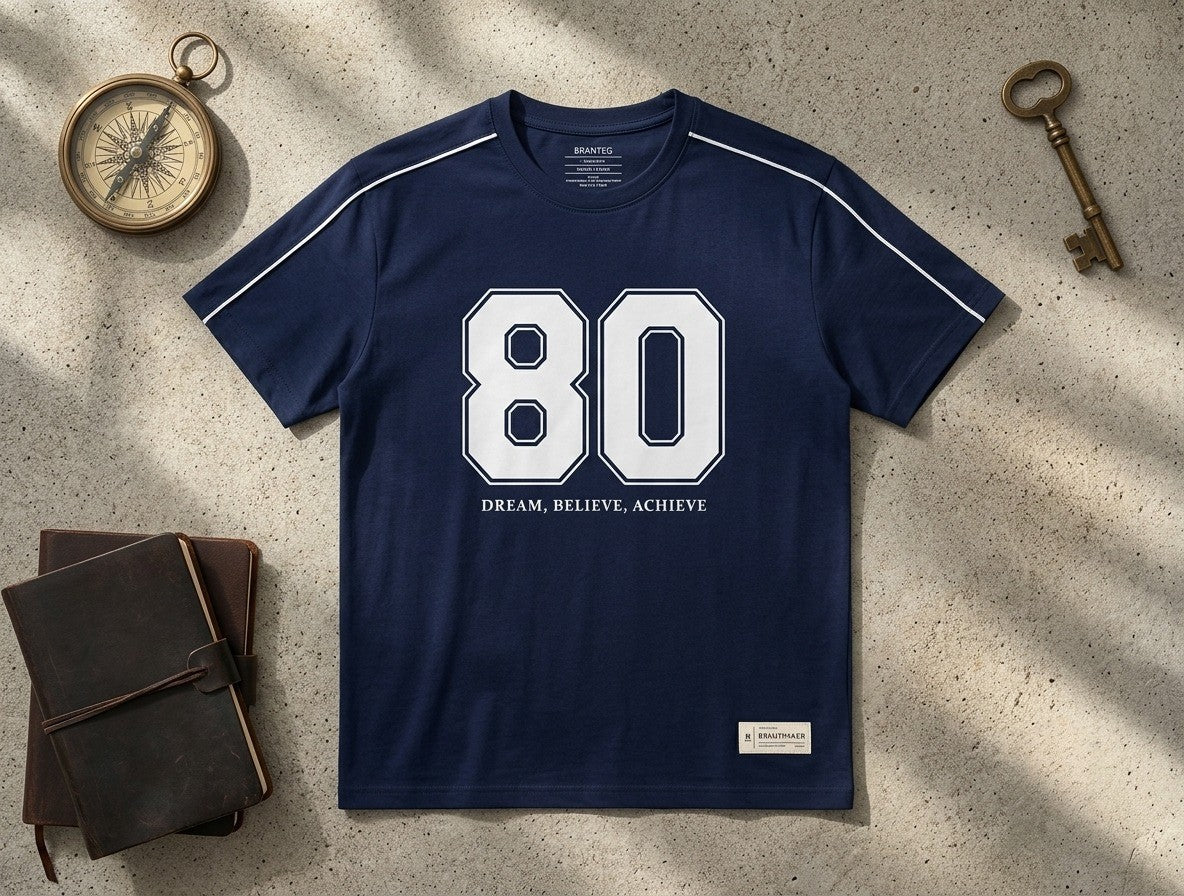 Men's Oversized Varsity Number '80' Blue T-Shirt - 'Dream, Believe, Achieve | Elite Garments
