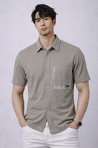 Men's Short-Sleeve Button-Up Shirt in Sage Brown with Patterned Pocket & Layered Trim | Elite Garments