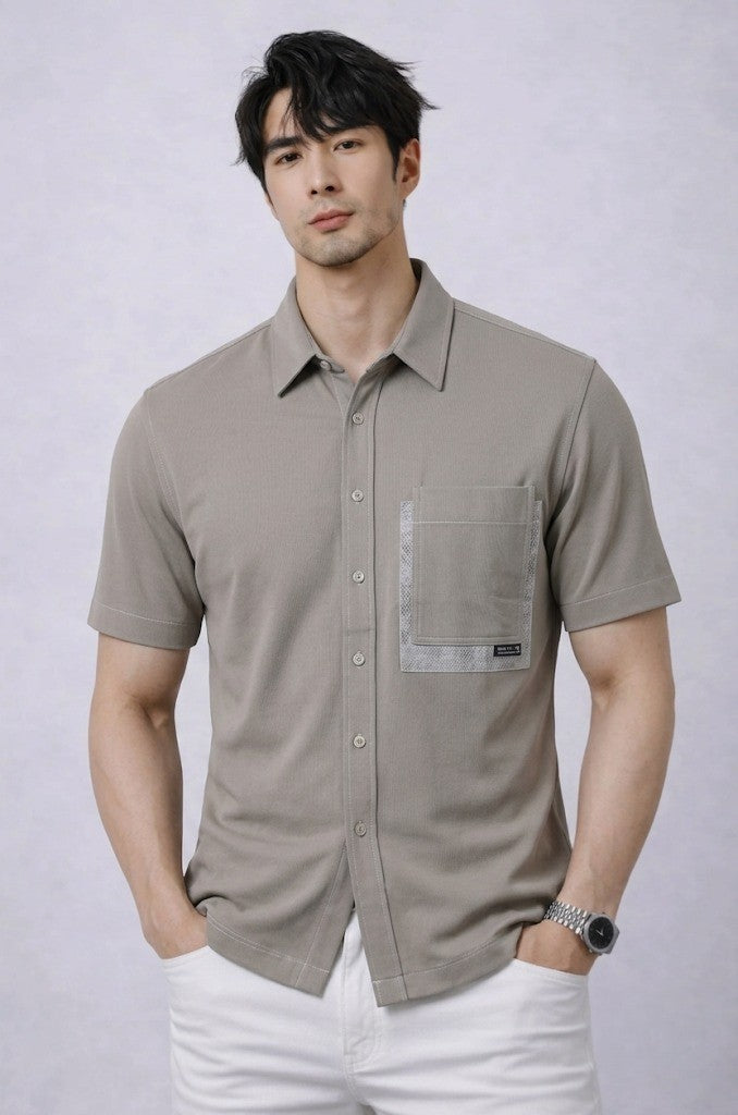 Men's Short-Sleeve Button-Up Shirt in Sage Brown with Patterned Pocket & Layered Trim | Elite Garments
