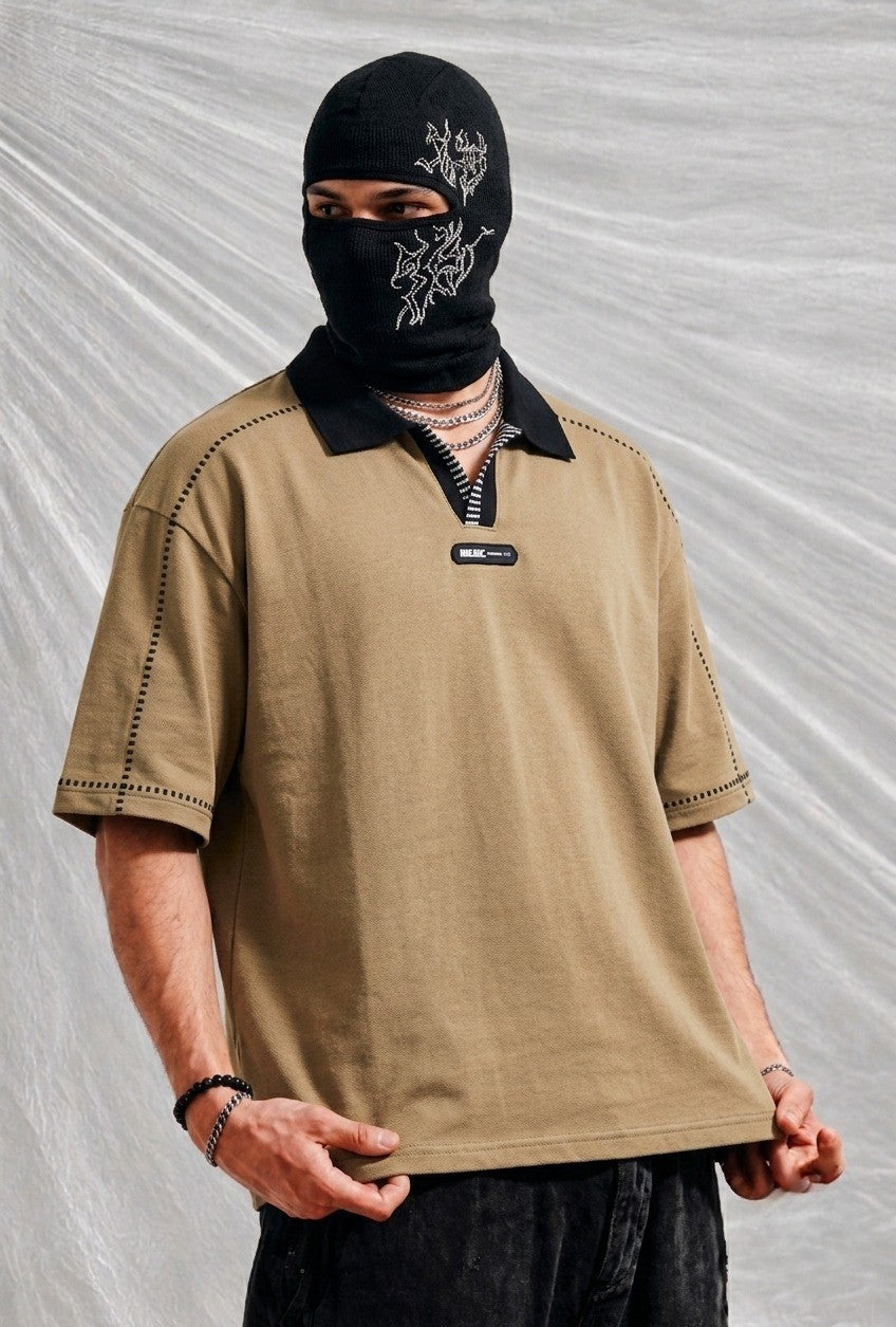 Men’s Premium Khaki Polo Shirt with Black Contrast Collar | Elite Garments
