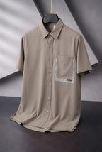 Men's Short-Sleeve Button-Up Shirt in Sage Brown with Patterned Pocket & Layered Trim | Elite Garments