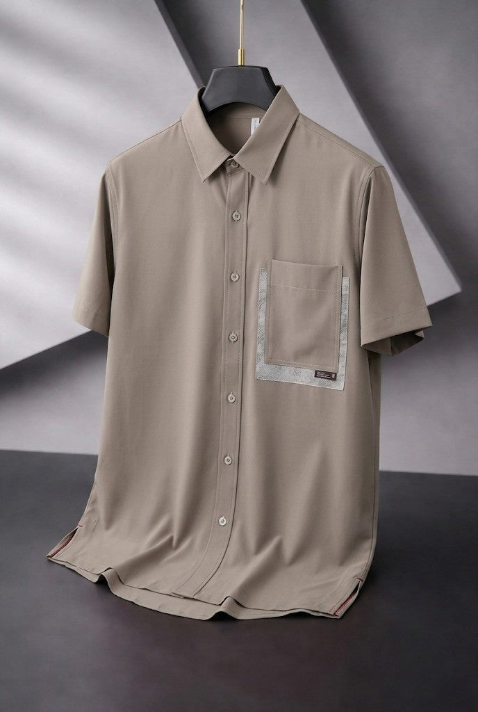 Men's Short-Sleeve Button-Up Shirt in Sage Brown with Patterned Pocket & Layered Trim | Elite Garments