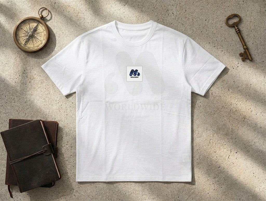 Men's White Heavyweight Casual Tee with Blue Accent Branding | Elite Garments