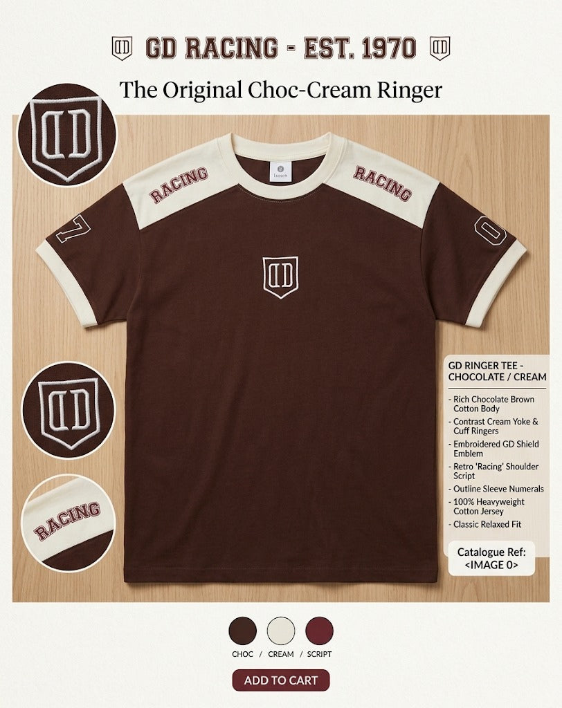 The Original Choc-Cream Ringer Tee with Embroidered Shield Emblem | Elite Garments