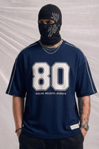 Men's Oversized Varsity Number '80' Dark Blue T-Shirt - 'Dream, Believe, Achieve | Elite Garments