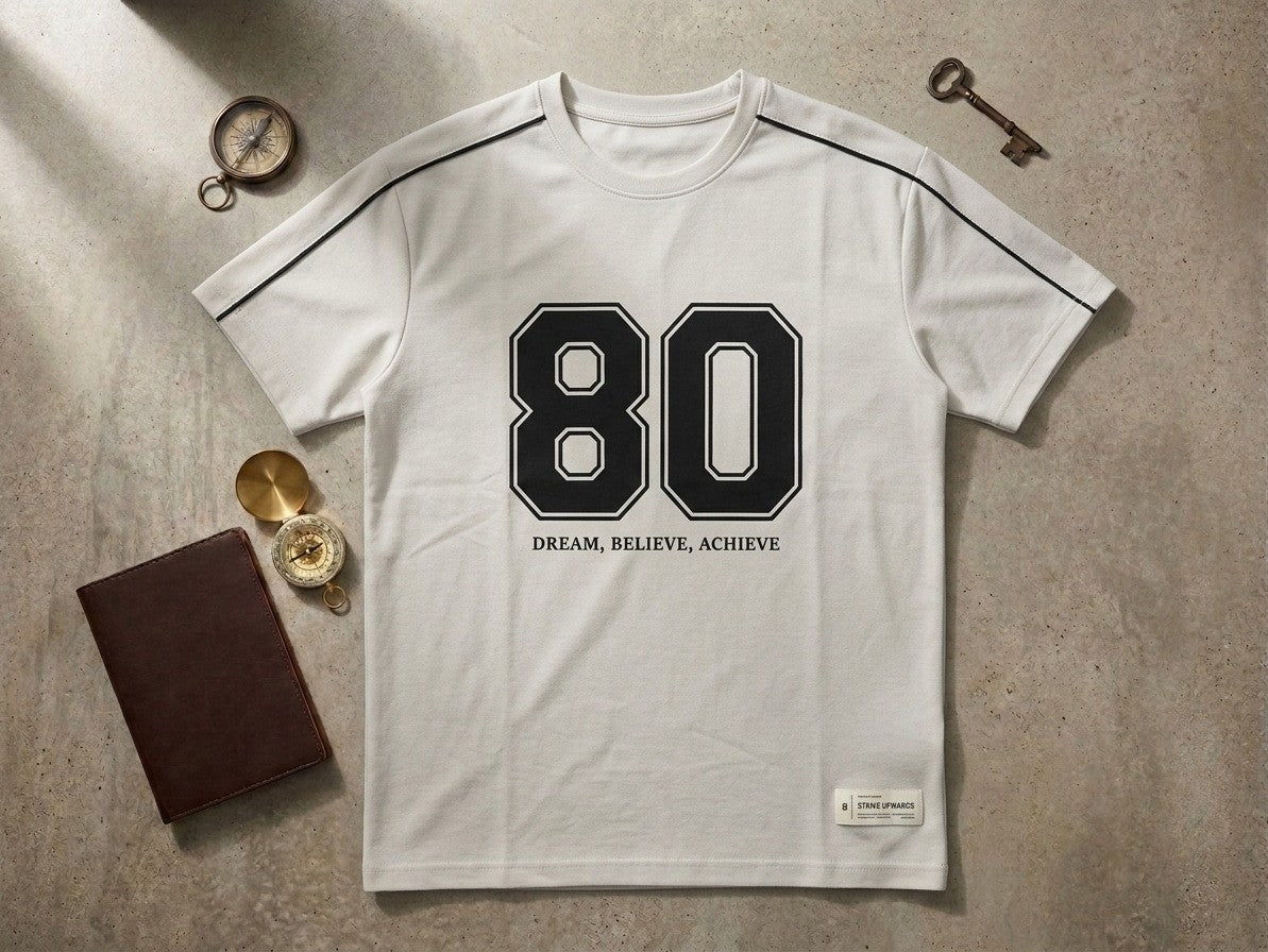 Men's Oversized Varsity Number '80' T-Shirt - 'Dream, Believe, Achieve | Elite Garments