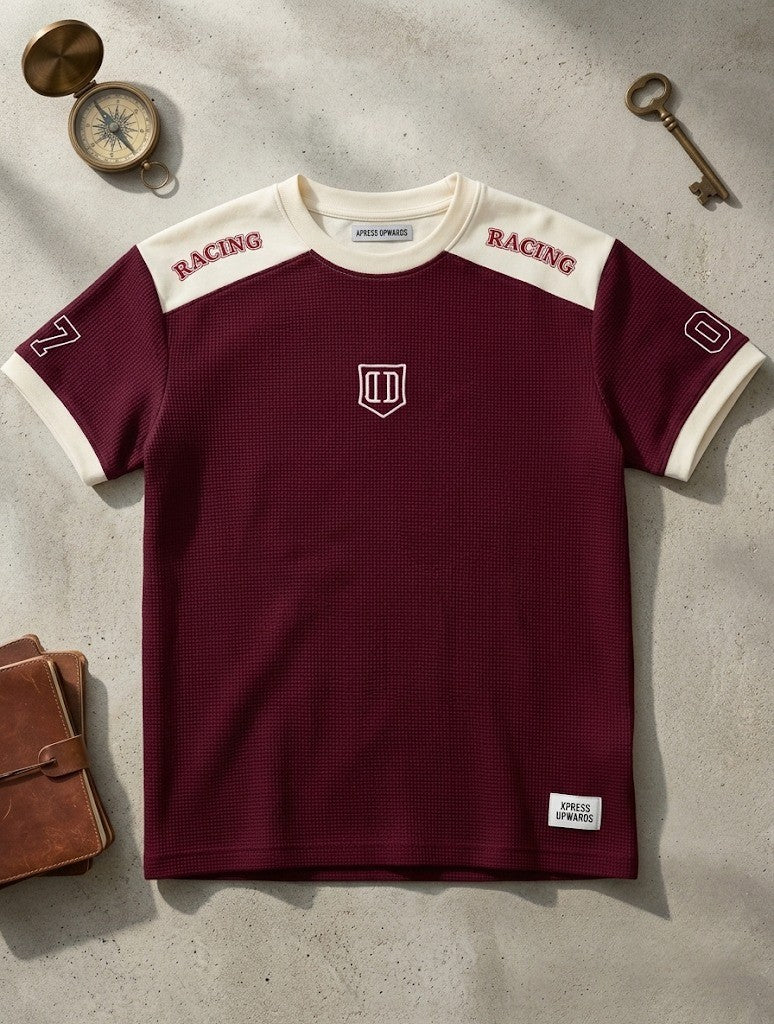 Oversized Maroon & Cream Racing T-Shirt with Number '07' & Shield Logo | Elite Garments