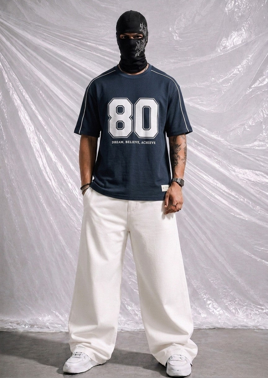 Men's Oversized Varsity Number '80' Dark Blue T-Shirt - 'Dream, Believe, Achieve | Elite Garments