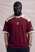 Oversized Maroon & Cream Racing T-Shirt with Number '07' & Shield Logo | Elite Garments