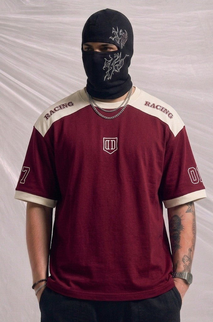 Oversized Maroon & Cream Racing T-Shirt with Number '07' & Shield Logo | Elite Garments