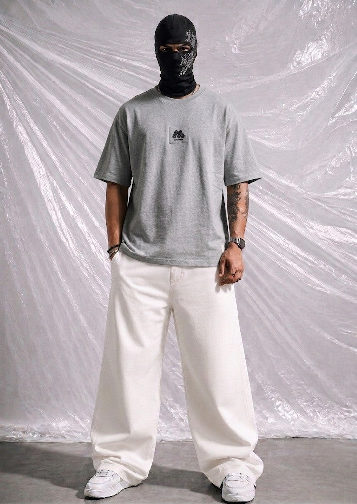 Men's Off White Heavyweight Casual Tee with Blue Accent Branding | Elite Garments