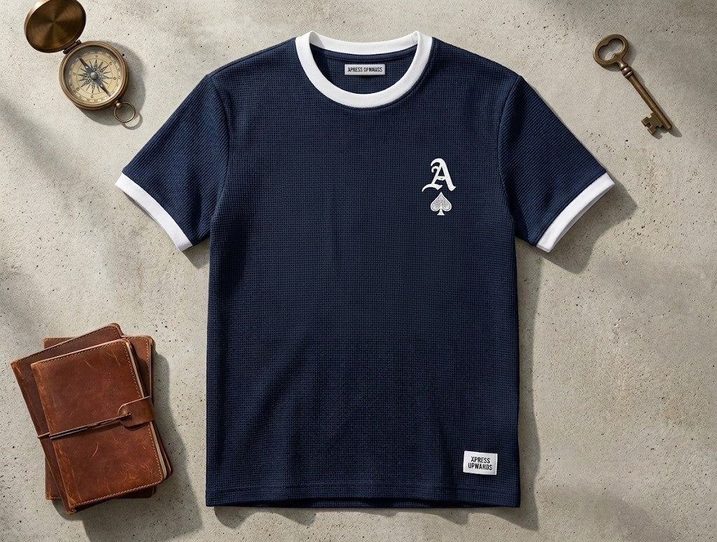 Relaxed Fit Cotton Blue T-Shirt with Chest Playing Card Embroidery | Elite Garments