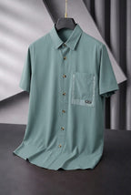 Men's Short-Sleeve Button-Up Shirt in Sage Green with Patterned Pocket & Layered Trim | Elite Garments