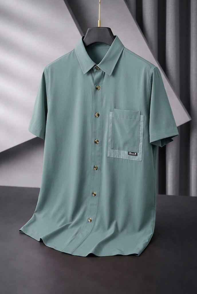 Men's Short-Sleeve Button-Up Shirt in Sage Green with Patterned Pocket & Layered Trim | Elite Garments