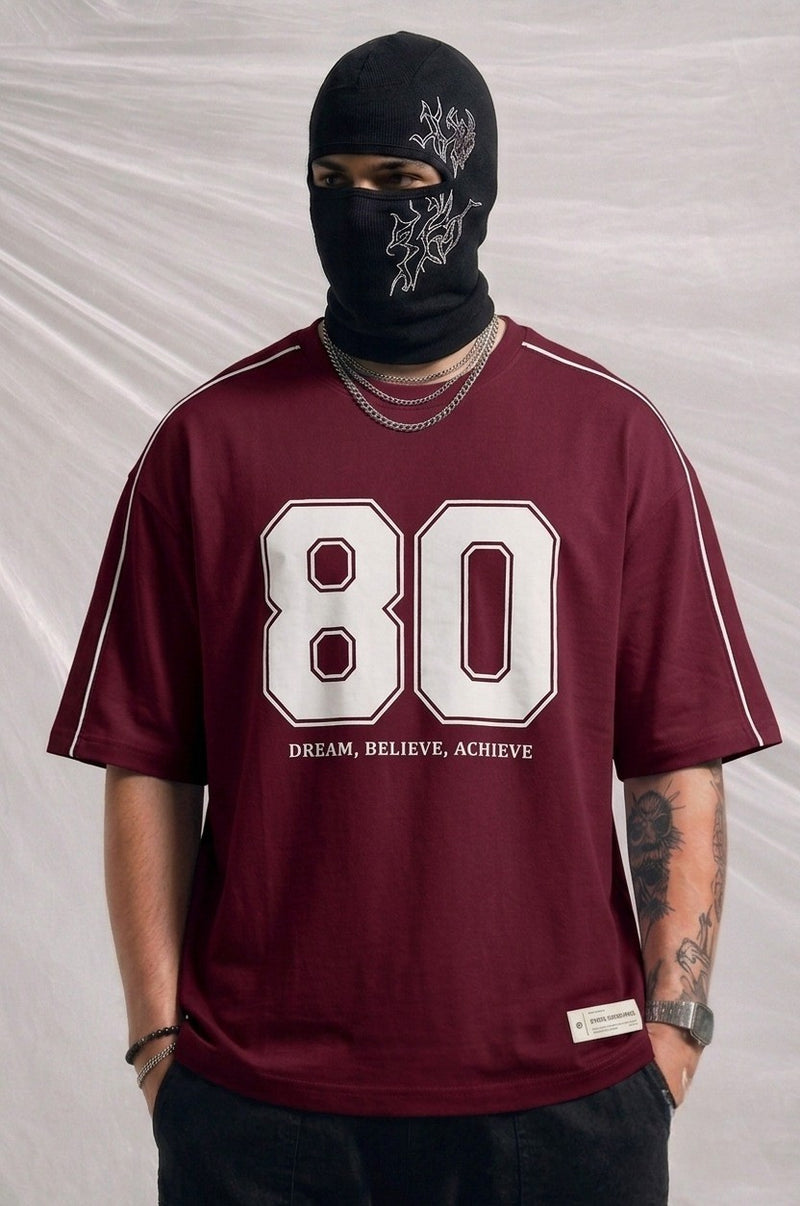 Men's Oversized Varsity Number '80' Red T-Shirt - 'Dream, Believe, Achieve | Elite Garments