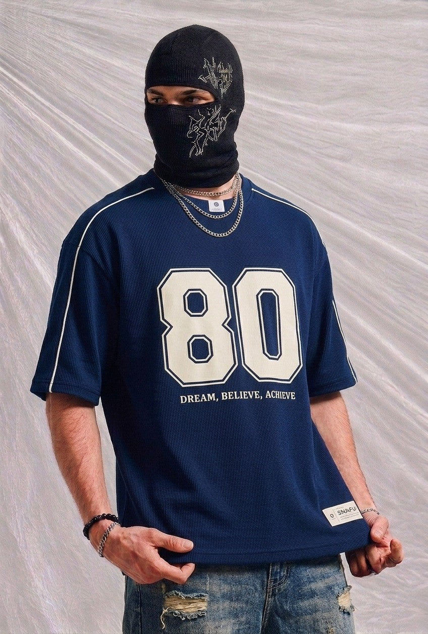 Men's Oversized Varsity Number '80' Blue T-Shirt - 'Dream, Believe, Achieve | Elite Garments