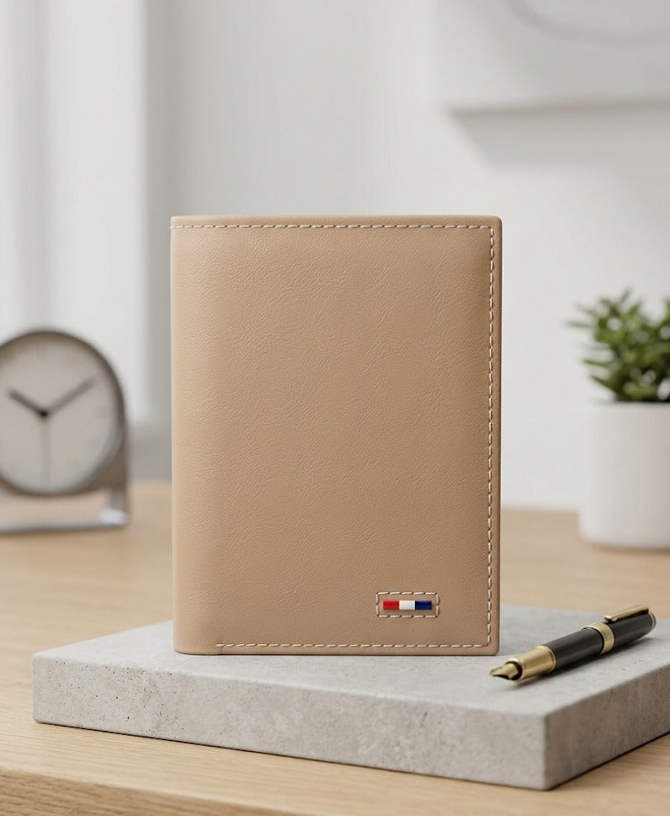 Men's Minimalist Beige Leather Wallet with Accent Stitching | Elite Garments