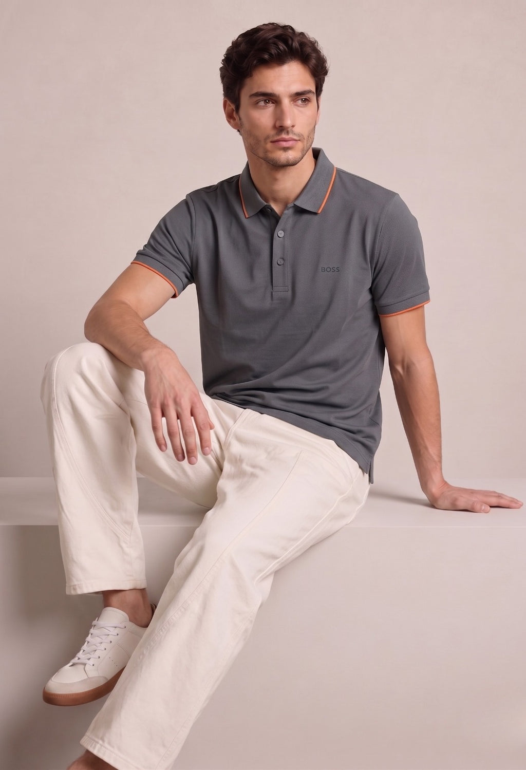 Hugo Boss Men's Short-Sleeve Polo – Dark Grey with Orange Trim | Elite Garments