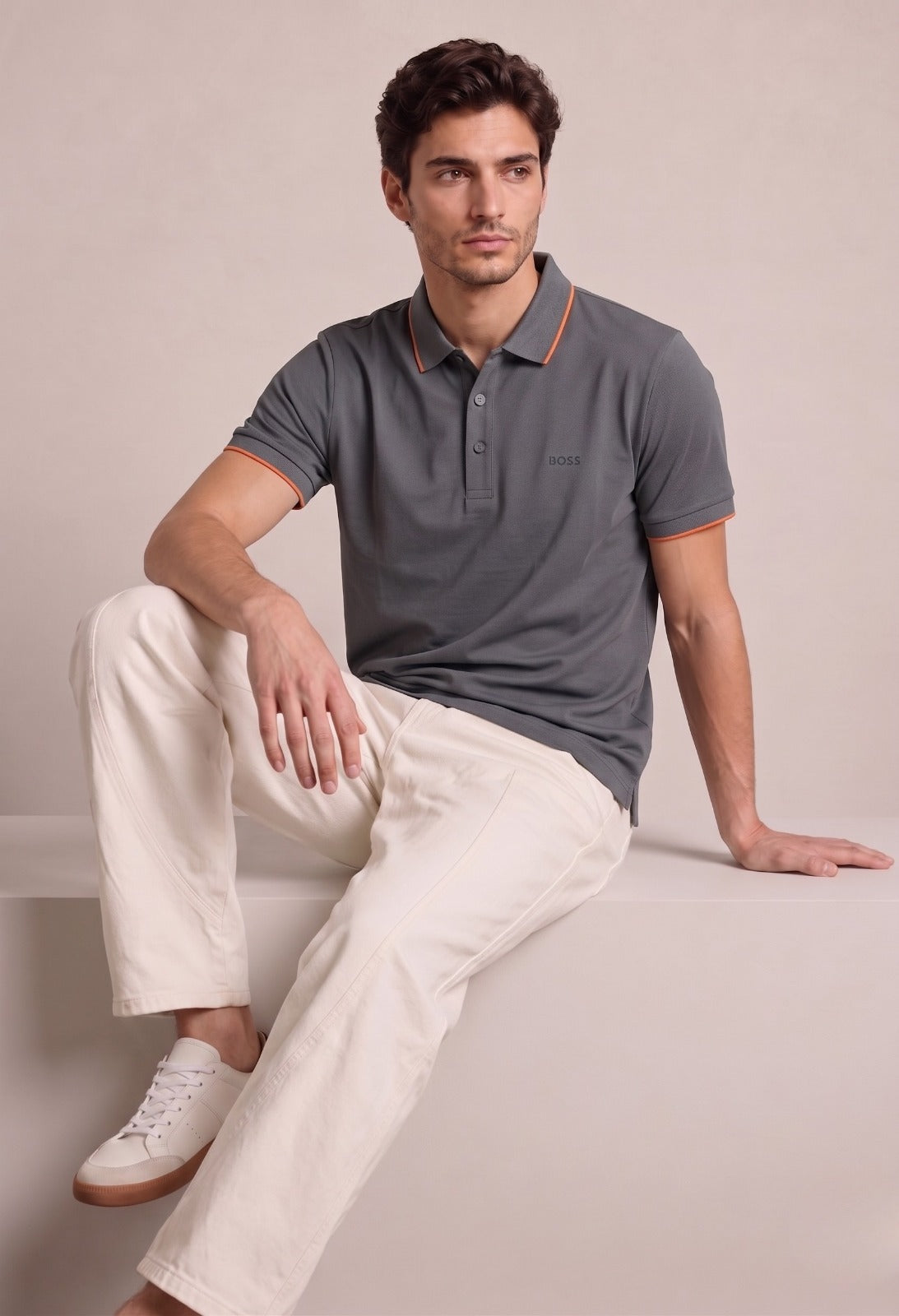 Hugo Boss Men's Short-Sleeve Polo – Dark Grey with Orange Trim | Elite Garments