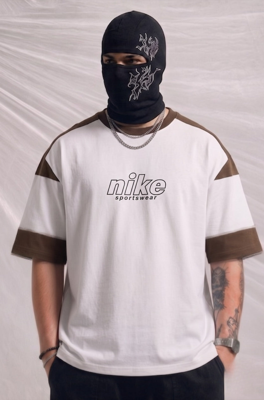 Nike Sportswear Oversized Streetwear Graphic Tee – Off-White & Brown | Elite Garments