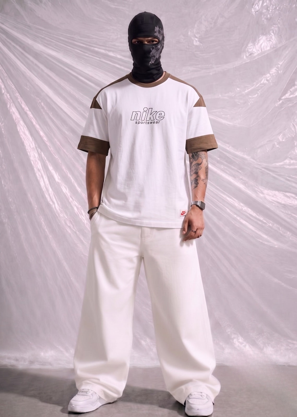 Nike Sportswear Oversized Streetwear Graphic Tee – Off-White & Brown | Elite Garments