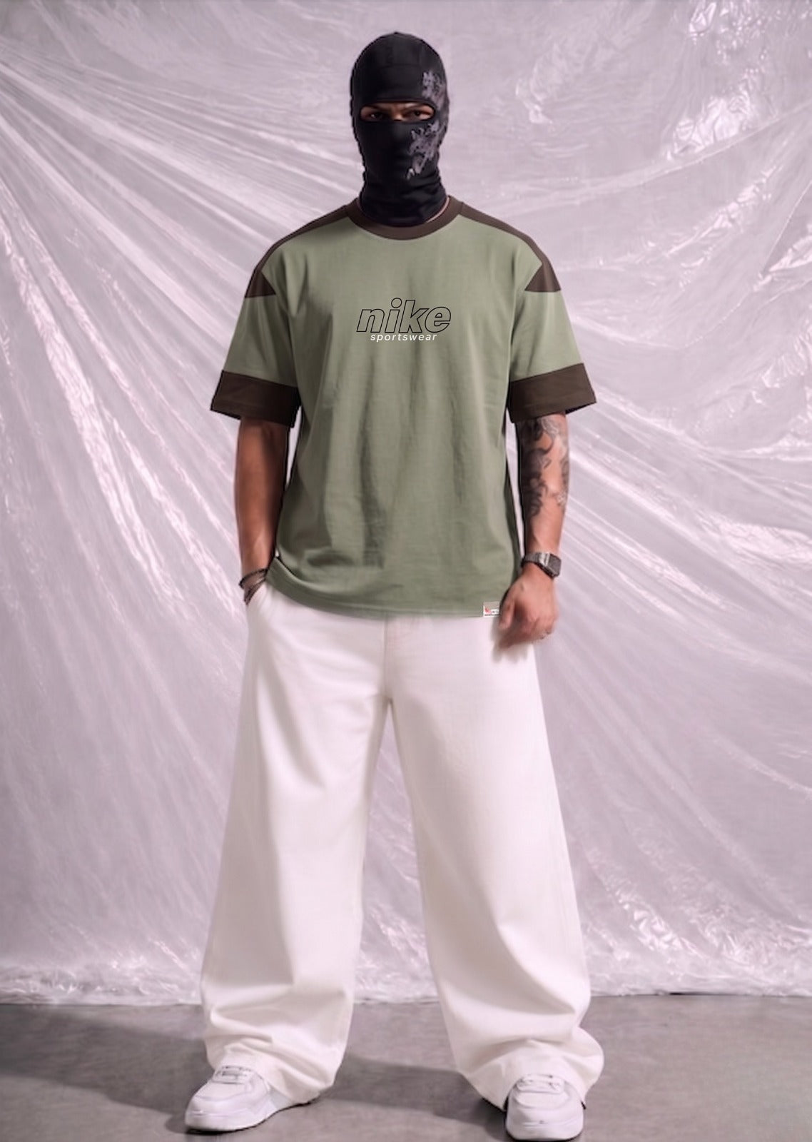Nike Sportswear Oversized Streetwear Graphic Tee – Off-Green | Elite Garments