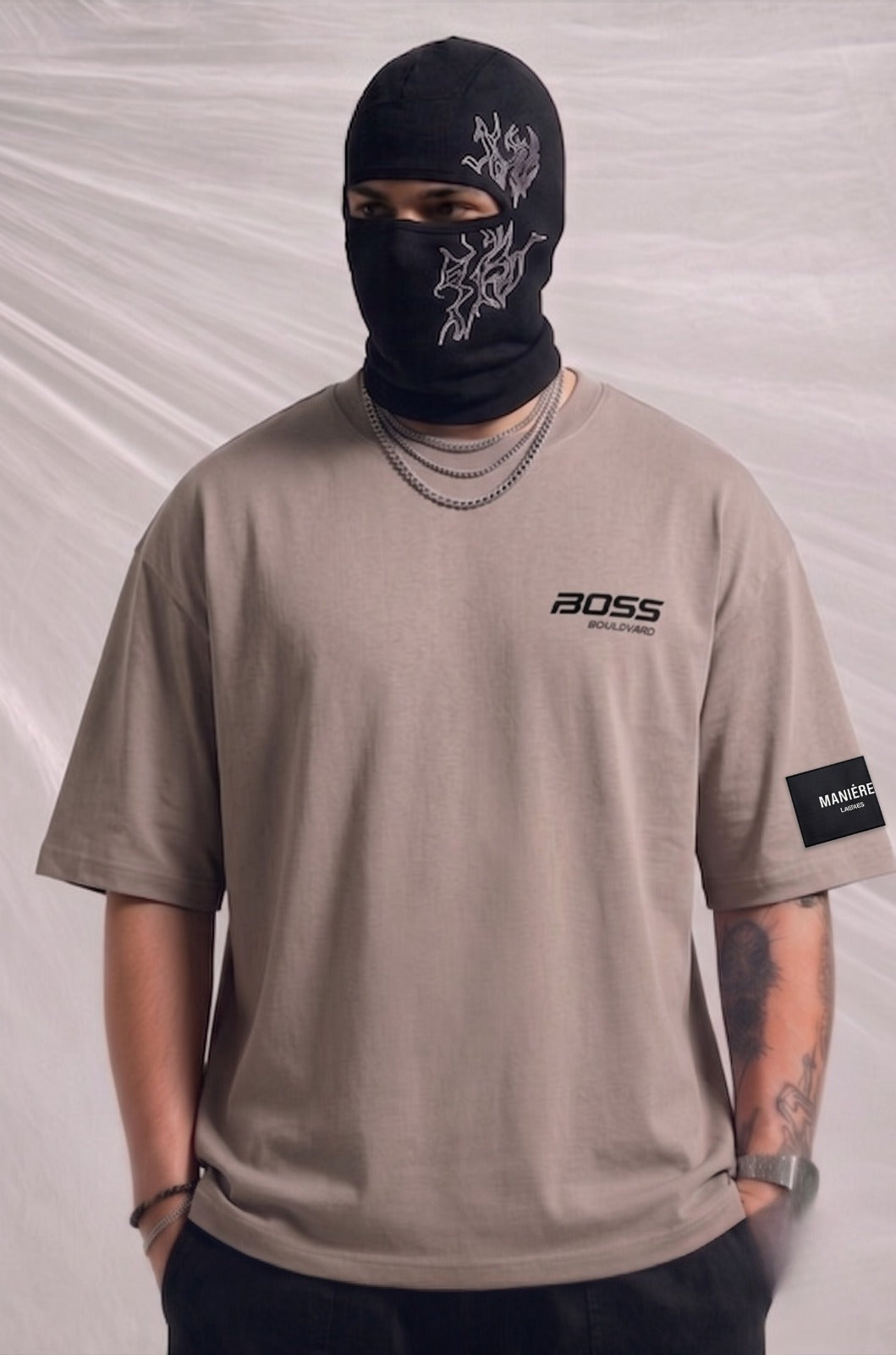 Men's Heavyweight Cotton Oversized T-Shirt with Sleeve Patch – Taupe | Elite garments