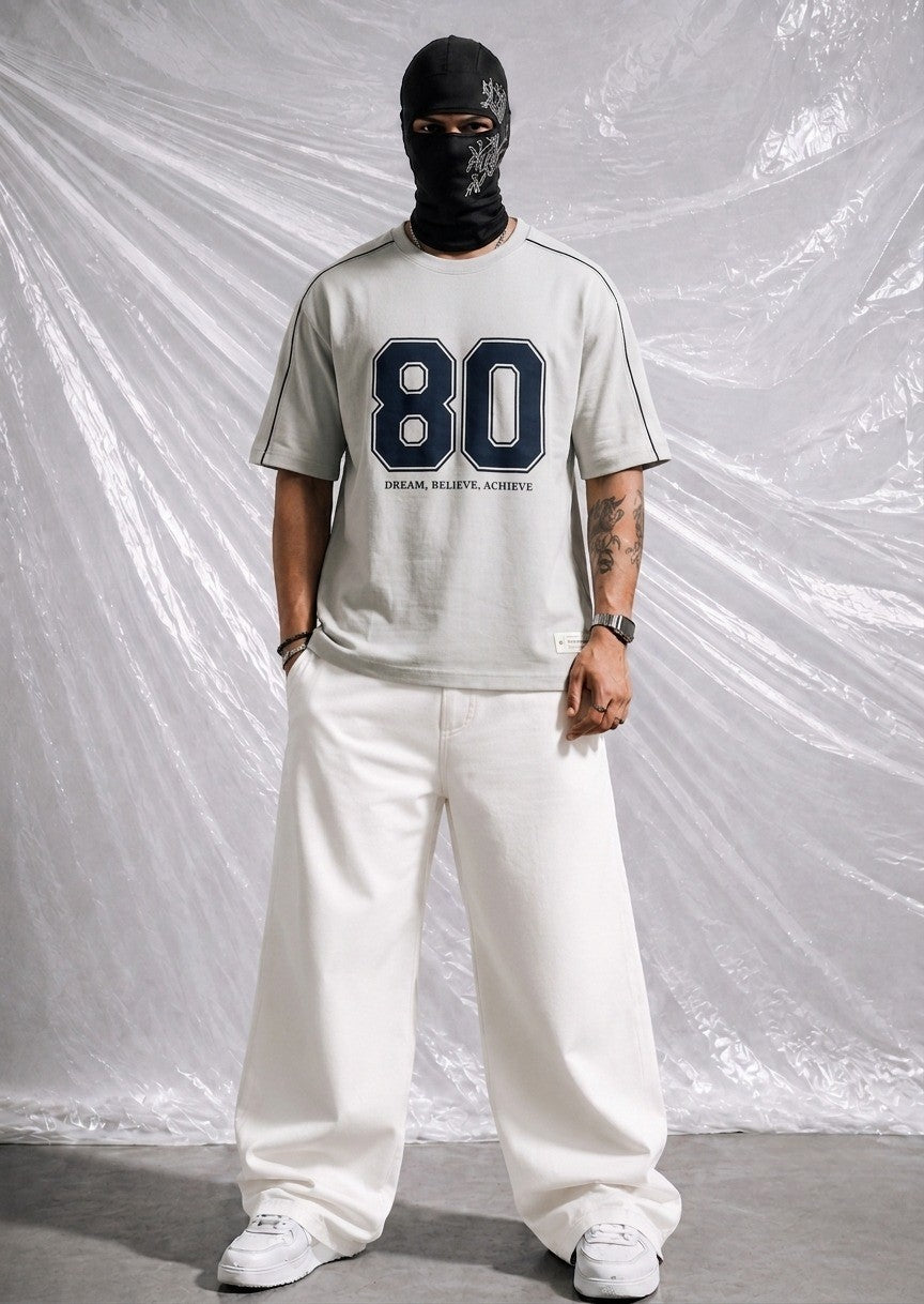 Men's Oversized Varsity Number '80' T-Shirt - 'Dream, Believe, Achieve | Elite Garments