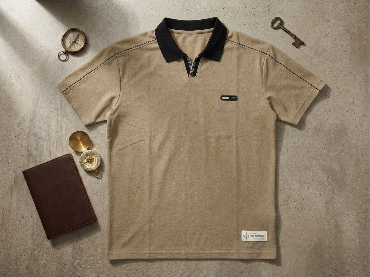 Men’s Premium Khaki Polo Shirt with Black Contrast Collar | Elite Garments
