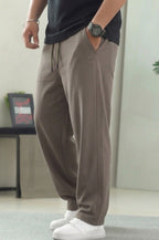 Men's Taupe Drawstring Straight-Leg Trousers | Elite Garments