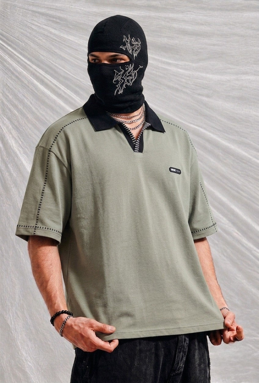 Oversized Olive Polo Shirt with Black Collar & Patch | Elite Garments