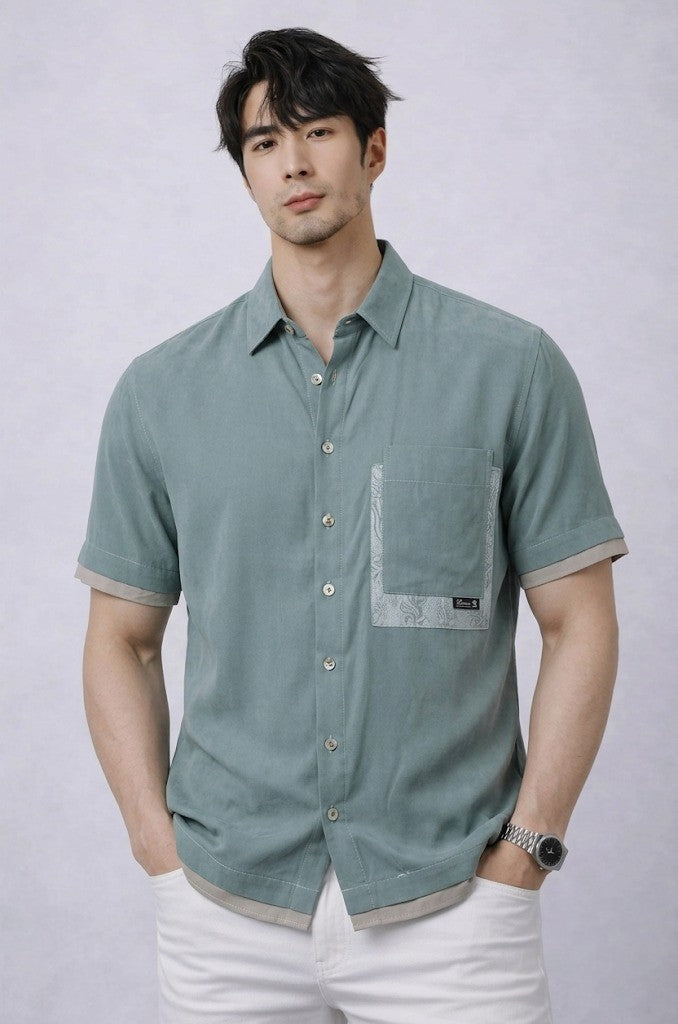 Men's Short-Sleeve Button-Up Shirt in Sage Green with Patterned Pocket & Layered Trim | Elite Garments