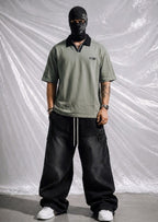 Oversized Olive Polo Shirt with Black Collar & Patch | Elite Garments