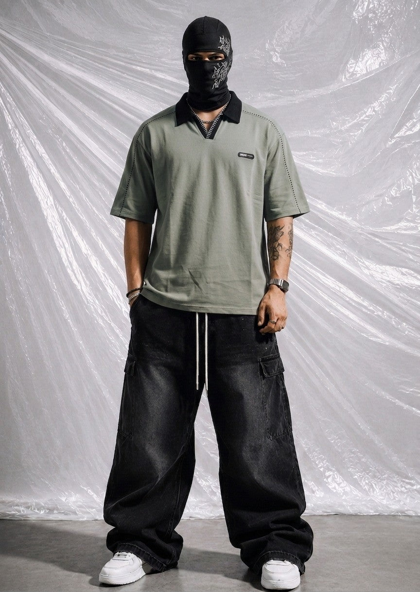 Oversized Olive Polo Shirt with Black Collar & Patch | Elite Garments