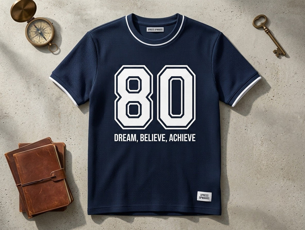Men's Oversized Varsity Number '80' Dark Blue T-Shirt - 'Dream, Believe, Achieve | Elite Garments