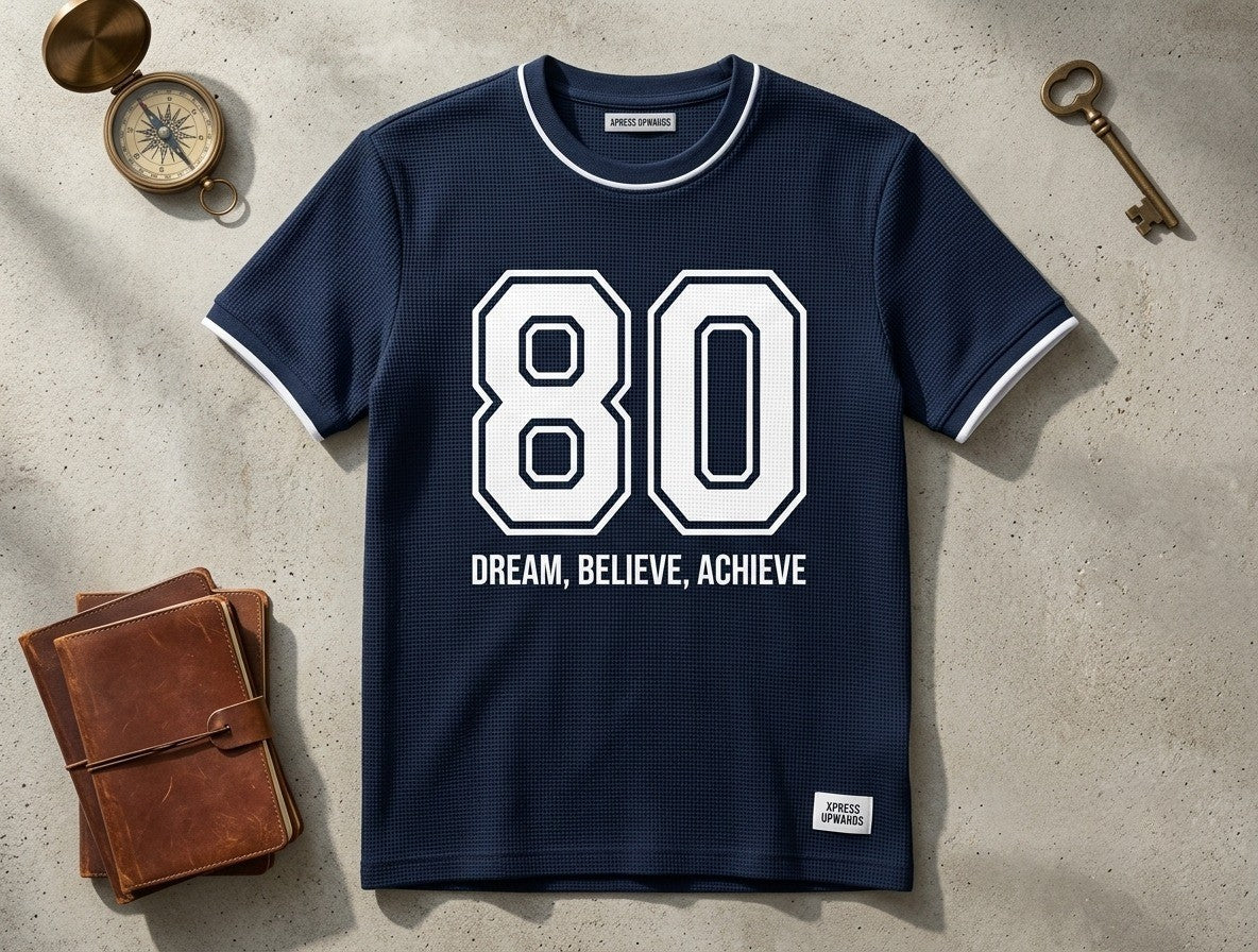 Men's Oversized Varsity Number '80' Dark Blue T-Shirt - 'Dream, Believe, Achieve | Elite Garments
