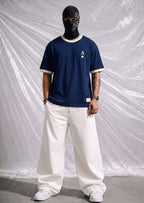 Relaxed Fit Cotton Blue T-Shirt with Chest Playing Card Embroidery | Elite Garments