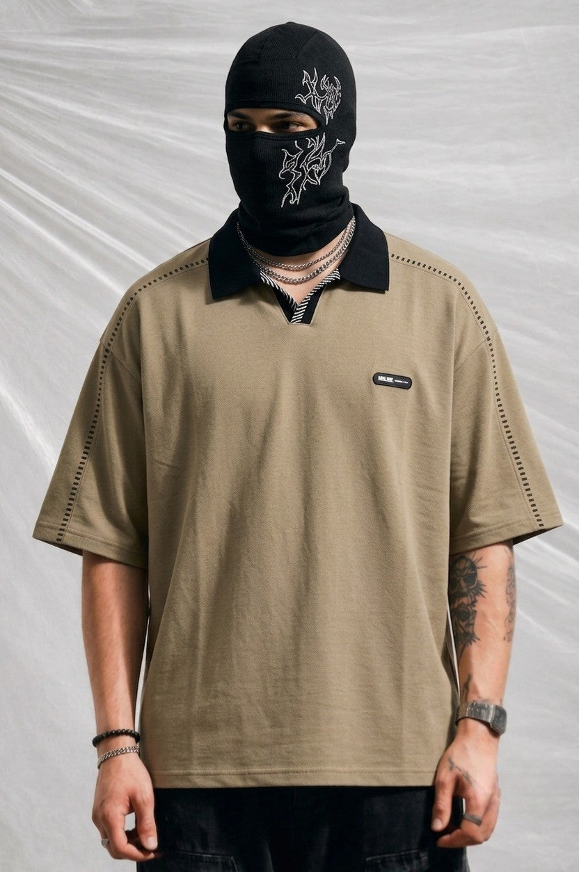 Men’s Premium Khaki Polo Shirt with Black Contrast Collar | Elite Garments